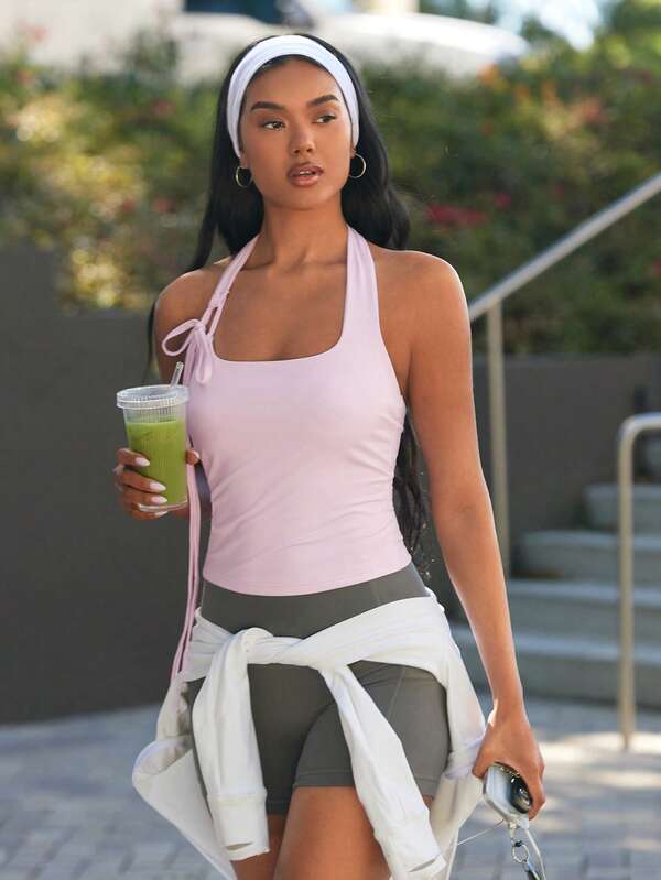 Eassivo Chaleco deportivo rosa de mujer con ajuste holgado, corte halter, espalda descubierta, cordón ajustable en la cintura, cómodo, para primavera/verano