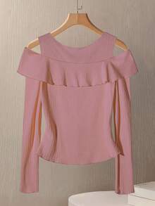 GlowEve Women's Solid Color Metal Button Design Off-Shoulder Long Sleeve Fashionable T-Shirt - Dusty Pink - View 2