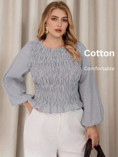 Auralis Business Casual Woman Teacher Outfits For Women Back To School Fall Women Clothes Women's Vertical Striped Ruffle Trim Long Sleeve Fashionable Round Neck Blouse,Fall Clothes For Women,Fall Tops Smocked Top Curve Blouse Lantern Sleeve Blouse Elegant Blouses/Traceable Cotton Autumn And Winter Striped Long-Sleeved Puff Sleeve Waist Umbrella Hem Fit Large Size Top Smocked Blouse