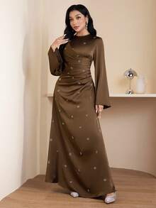 Veilorie 女士水钻装饰简约长袖连衣裙，日常穿着 - 咖啡棕 - 查看 3