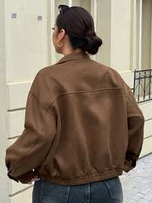 Dazy Plus Plus Size Women Casual Solid Color Zipper Collar Loose Motorcycle Jacket, Street Style, Autumn/Winter Women Coats - Brown - View 2