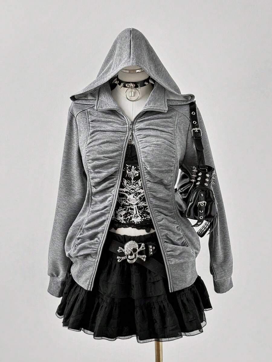 Sunspun Cárdigan gris de punto fruncido de talla grande para mujer - Gris - Ver 1
