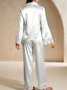 Anewsta 2 Stück Damen Spitzenbesatz Schlafanzug Set Braut Wäsche, gemütliche und elegante Details für Herbst und Winter Kleidung - Weiss - Übersicht 2