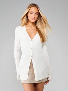 MISSGUIDED Áo khoác cardigan cài nút gân dài cổ chữ V cho phong cách layer mùa thu đông - trắng - Xem 1