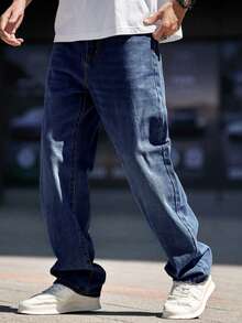 Manfinity Hypemode 大码男士休闲水洗通勤牛仔裤 - 深色水洗藍 - 查看 7