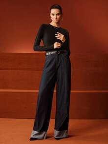 Anewsta 圆领紧身衣，个性化修身剪裁，时尚显瘦，无缝长袖紧身衣 - 黑色 - 查看 4