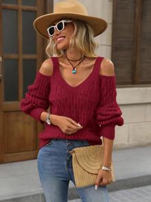 Brillora Áo len dệt kim cổ chữ V hở vai dành cho nữ, thích hợp cho các buổi đi chơi và nghỉ dưỡng, mùa thu/đông - Đỏ - Xem 5