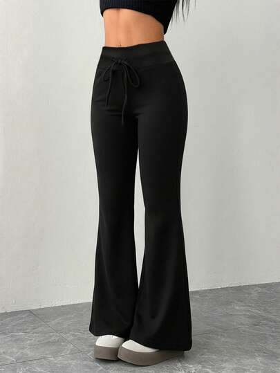 SHEIN PETITE Women's Casual Gray Knitted Elastic Waist Flared Sweatpants Bell Bottom Pants Black Flare Pants Black Dress Pants Women Lace Up Pants,Black Pants Flared Pants For Women