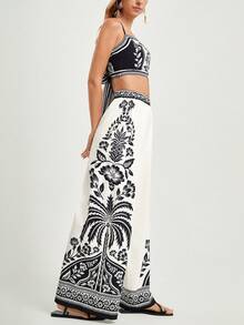 CAJUNI 女士休闲度假印花露背系带短款吊带背心和阔腿裤套装，女士两件套夏季服装，波西米亚风两件套，节日两件套，女士两件套夏季服装，节日两件套，波西米亚风两件套 - 黑與白 - 查看 1