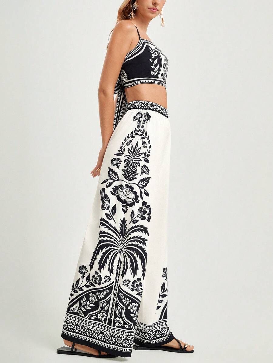 CAJUNI 女士休闲度假印花露背系带短款吊带背心和阔腿裤套装，女士两件套夏季服装，波西米亚风两件套，节日两件套，女士两件套夏季服装，节日两件套，波西米亚风两件套 - 黑與白 - 查看 1