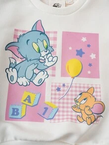 TOM & JERRY X SHEIN 2 件套女婴可爱卡通图案印花圆领长袖运动衫和波尔卡圆点运动裤针织休闲套装