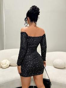 SHEIN SXY 女士时尚性感露肩紧身迷你连衣裙 - 黑色 - 查看 8