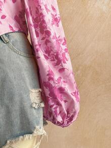 Dreamara 大码女式花卉印花方领长袖衬衫，适合度假、毕业、返校季、秋季 - 粉色 - 查看 5