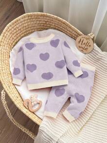 SHEIN 新生女婴可爱百搭针织粉色心形图案长袖毛衣和裤子套装，秋冬 - 淡紫色 - 查看 9