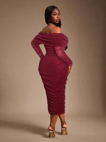 Radiana Váy bodycon lưới xếp nếp hở vai đính sequin lấp lánh thời trang thu đông, xuân hè thanh lịch, sang trọng, thời trang mặc hàng ngày cho nữ - Màu Đỏ Sâu - Xem 2