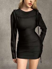 Ardnt 黑暗朋克风格甜辣末日主题派对收腰针织长袖连帽不对称下摆独特设计女式连衣裙，秋季 - 黑色 - 查看 3