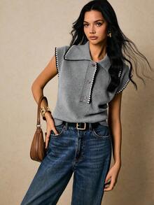 Poéselle Women's Solid Color Minimalist Casual Collared Sleeveless Sweater Vest - Grey - View 4