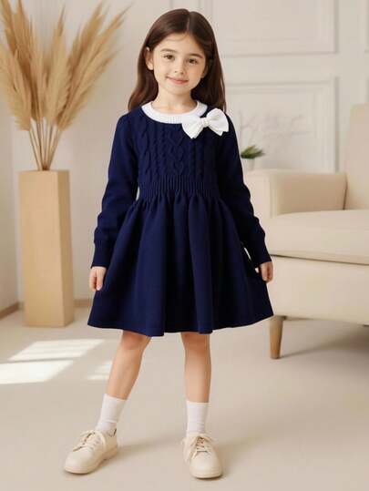 SHEIN فستان كاجوال كوري الطراز للبنات الصغيرات، فستان كنزة أميرة مناسب للارتداء اليومي والخروجات، بتصميم ريترو بفيونكة مُحبوكة