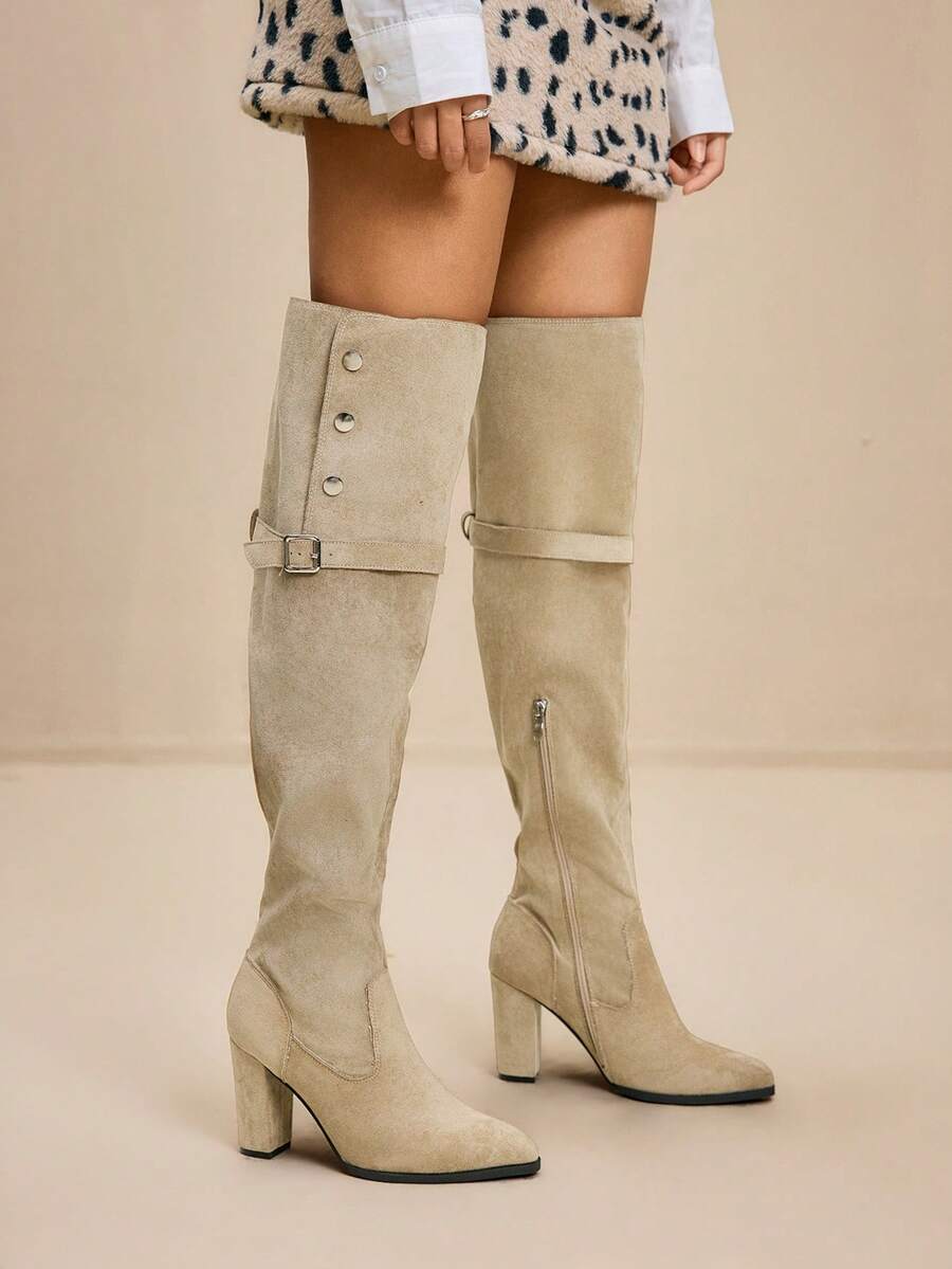 Daringsoles 2025年秋冬新款女士二合一尖头过膝长靴，粗跟修身马术靴，配腰带扣 - 卡其色 - 查看 1