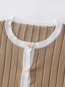 SHEIN Franclia 女式不对称荷叶边拼色圆领开衫，秋冬厚针织毛衣夹克 - 駝色 - 查看 3