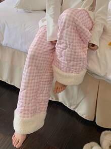 DAZY 女式格子绗缝宽松睡裤，冬季 - 粉色 - 查看 9