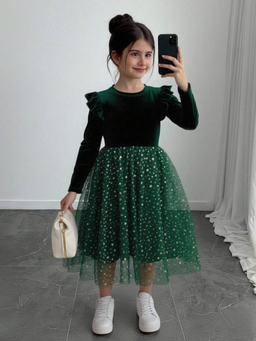 Vestido de fiesta, vestido de Navidad, estilo de palacio lujoso para niña joven con parches de terciopelo, malla brillante con estrellas - Verde - Ver 1
