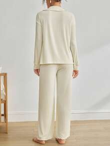 Moonlight&Mama BloomMama 2pcs Apricot Shirred Collar Front Nursing Pajama Set, Comfortable Minimalist Maternity Loungewear, Winter - Apricot - View 3