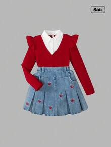 Sweetra Tween Girl 2 In 1 Ruffle Trim Shirt And Cherry Embroidered Denim Pleated Skirt Set Fall Winter - Red - View 1