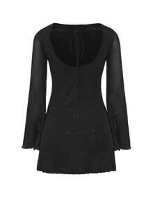 Auralis 大码女式亮面网纱长袖露背系带连衣裙 - 黑色 - 查看 8