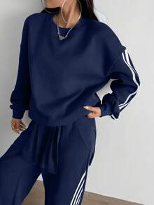 Aidyla Set de 2 sudaderas con capucha de felpa con rayas de color contrastante, estilo callejero de moda