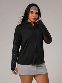 Rhythm Era Chaqueta deportiva de talla grande, parche de malla, manga larga con cremallera y agujero para el pulgar, chaqueta de mujer de estilo atlético de moda