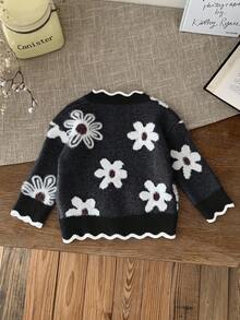 SHEIN LMoss Kids LMoss 女婴花卉图案灰色长袖毛衣，可爱百搭，秋冬 - 彩色 - 查看 4