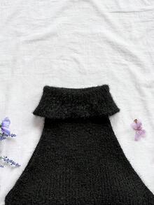 Soleia Casual High Neck Sleeveless Asymmetrical Hem Fitted Knit Vest Cute Black Top Black Body Suit - Black - View 3