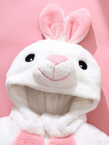 新生儿可爱兔子连帽毛绒长袖连体衣 - 白色 - 查看 6