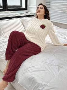 Bộ 2 áo và quần hồng thêu hoa đào lông nhung cỡ lớn thường ngày - Màu Đỏ Sâu - Xem 7