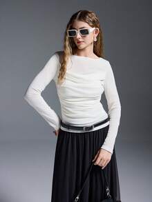 MYSTAURA Women's Solid Color Round Neck Long Sleeve Pleated Casual Fashion T-Shirt - White - View 6