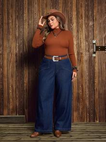 EMERY ROSE Plus Size Women's Solid Color Thermal Lined Washed Denim Jeans, Autumn/Winter - Dark Wash - View 5