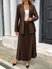 Pariaura Brown Blazer Jacket + Pleated Skirt Suit Set, Fashionable & Elegant, Suitable For Outing, Date, And Work - Coffee Brown - View 4