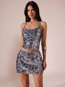 SHEIN BAE Váy ngắn bó sát đính sequin hoa 3D lấp lánh màu bạc thanh lịch dành cho nữ, thích hợp cho tiệc đơn, tiệc cocktail, tiệc lễ hội, tiệc sinh nhật, giáng sinh, halloween - Bạc - Xem 8