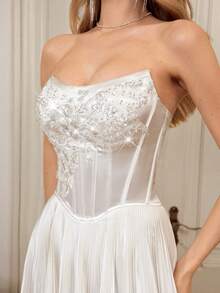 Elenzga Váy Bandeau xếp ly xương cá thêu sequin mùa hè dành cho nữ - trắng - Xem 7