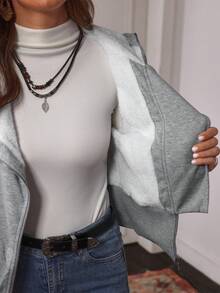 SHEIN LilyWest Women's Western Style Casual Metal Zipper Oblique Collar Thermal Lined Patchwork Ribbed Sweatshirt - Grey - View 7
