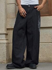 AXEPEAK Jeans casuales de pierna ancha y bolsillo con estampado de llamas para hombres - Negro - Ver 6