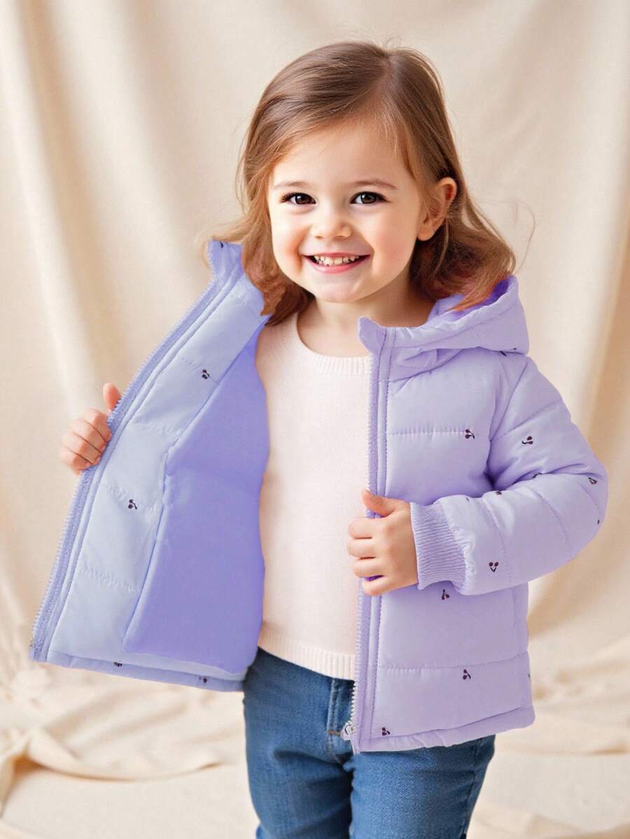 SHEIN Playful Pals Baby Girl Cute & Fashionable Versatile Cherry Print Thickened Hooded Padded Coat, Suitable For Winter Daily Wear - Purple - View 1