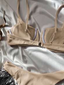 SHEIN Swim Summer Beach Ribbed V-Wire Padded Bikini Set - Apricot - View 5