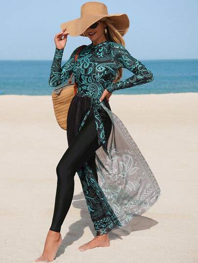 Swim Mulvari 3pcs Women's Printed Long Sleeve Top With Drawstring Waist, Maxi Skirt And Skinny Pants Modest Swimsuit Set, Spring/Summer Mesh Maxi Dress Long Cover Ups For Swimwear Long Sleeve Maxi Dress Resort Wear Women Beach Long Dress