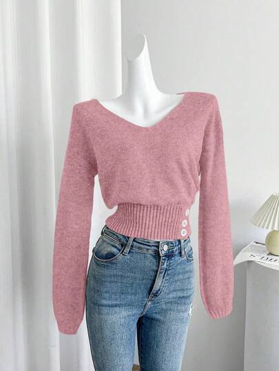 Celisse Women's Solid Color V-Neck Long Sleeve Button Design Casual Sweater, Autumn/Winter