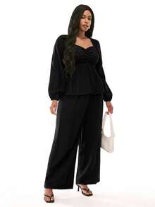 Solavibe Plus-Size Women's Black Two-Piece Set,Autumn Elegant Formal Dinner Evening Long-Sleeved V-Neck Shirt & Loose Wide-Leg Pants,Casual Office Date Outfits - Black - View 4