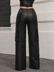 Jeanoix Women's Solid Color PU Leather Cargo Pocket Casual Loose Pants