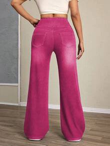 SHEIN Tall High Waist Elastic Straight Loose Casual Knit Denim Pants - Hot Pink - View 2