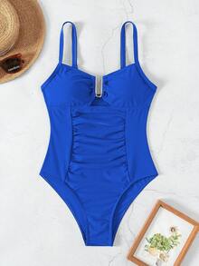 Swim Lushoire 2026 Spring/Summer Women's Adjustable Metal U-Shaped Decor Navy Blue Elegant Fitted Waist Ruched One-Piece Bikini Swimsuit - Royal Blue - View 2
